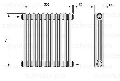 Схема (чертеж) Радиатор Zehnder Charleston 3075/11 №1670 Белый глянцевый RAL 9016
